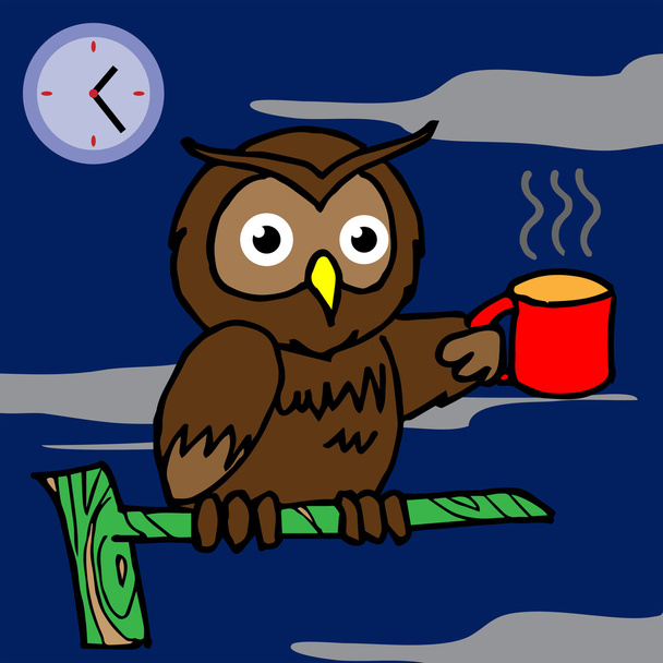 Owl drinking coffee and can't sleep vector - Vector, imagen