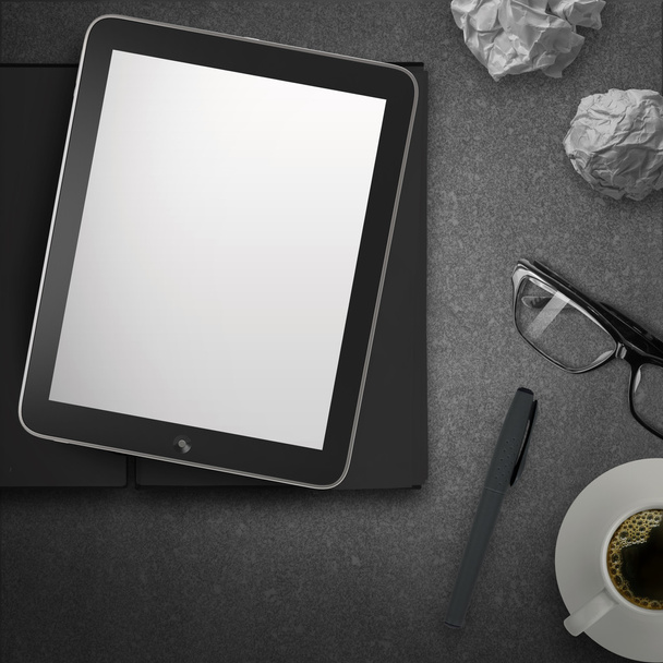 3D boş tablet ve bir fincan kahve ile Not üzerinde taş d yastık - Fotoğraf, Görsel