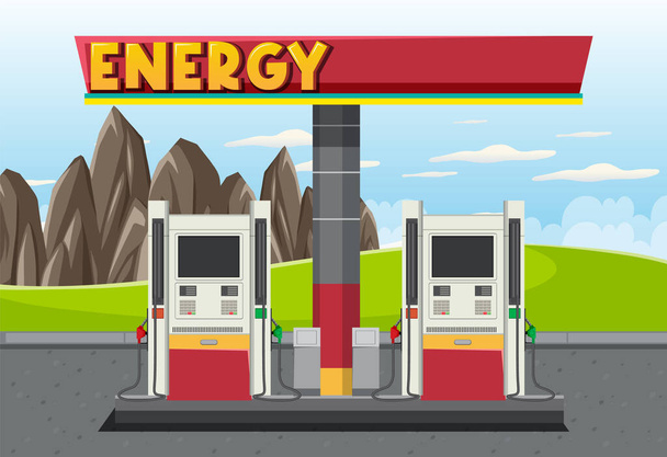 Posto de gasolina desenho animado cena ilustração - Vetor, Imagem