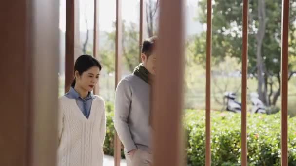 молодой азиат мужчина и женщина встречаются разговаривая в парке - Кадры, видео