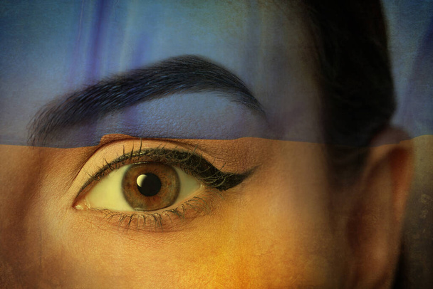Double exposure of Ukrainian national flag and young woman, closeup view - 写真・画像