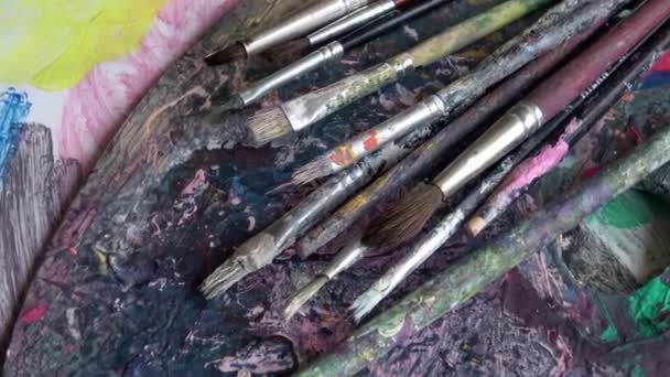 Used brushes on an artist's palette of colorful oil paint - Footage, Video
