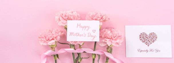 Top view, flay lay, copy space, close up, mock up, mothers day thanks design concept. Beautiful fresh blooming baby pink color carnations isolated on bright pink background - Fotoğraf, Görsel