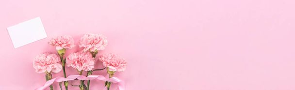 Top view, flay lay, copy space, close up, mock up, mothers day thanks design concept. Beautiful fresh blooming baby pink color carnations isolated on bright pink background - Foto, imagen