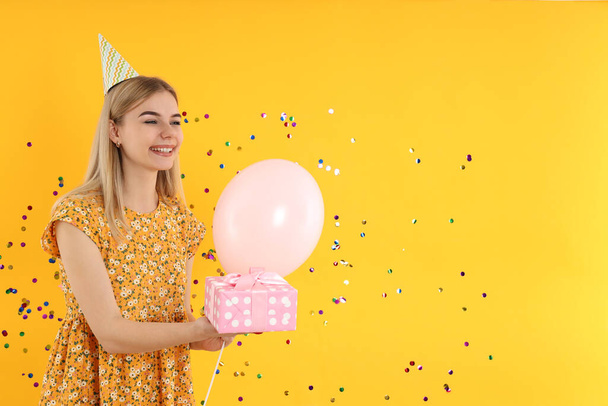 Concept of Happy Birthday with young woman, space for text - Fotoğraf, Görsel