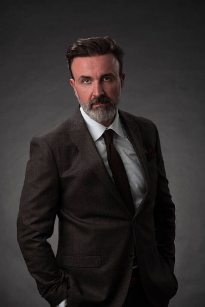 Portrait of a stylish elegant senior businessman with a beard and casual business clothes in photo studio isolated on dark background gesturing with hands - Fotoğraf, Görsel