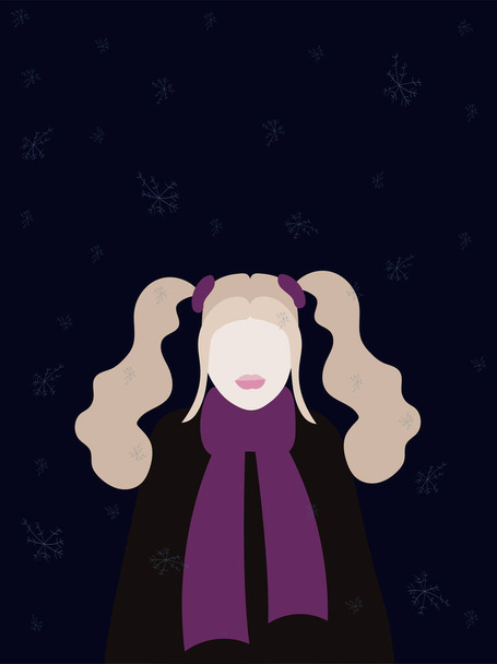 Girl with ponytails, teenager in a scarf, snowflakes, winter illustration, blond hair - Vektör, Görsel
