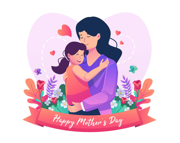 Η μητέρα και η χαριτωμένη κόρη της αγκαλιάζονται με πολλή αγάπη. Χαρούμενη γιορτή της μητέρας. Εικόνα διανύσματος επίπεδου στυλ - Διάνυσμα, εικόνα