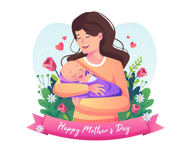 Mother holding a baby with a lot of love. Happy mother's day. Flat style vector illustration - Vector, Imagen