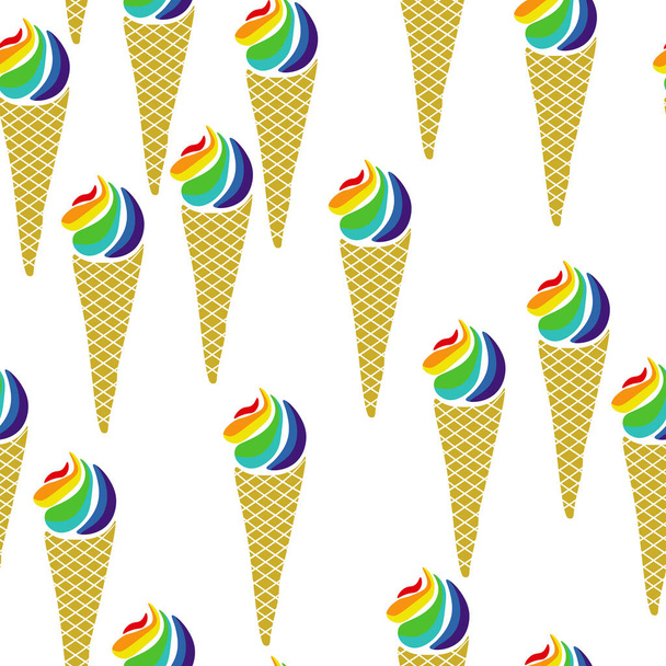 Cône de crème glacée motif sans couture, glace arc-en-ciel sur fond blanc illustration vectorielle - Vecteur, image