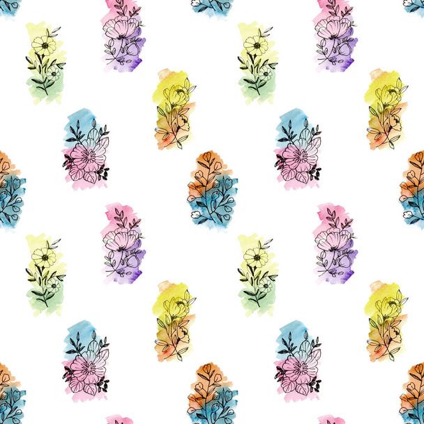 Seamless Hand Illustration Black outline florals with multicolour Watercolour wash - Zdjęcie, obraz