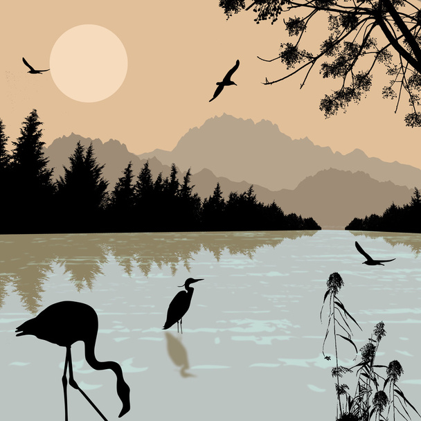 Heron an flamingo silhouettes on river - Vector, Image