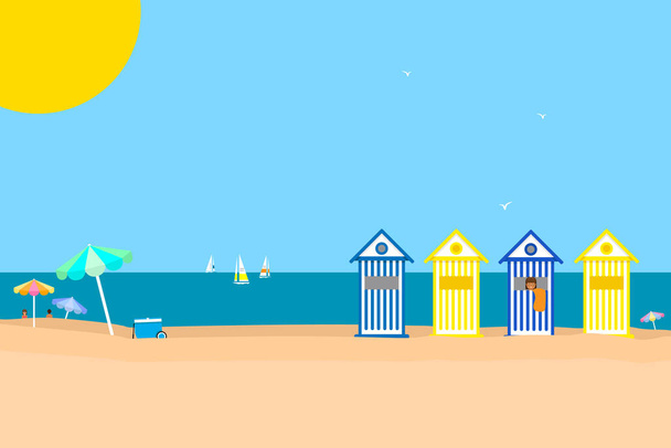 Όμορφη καλοκαιρινή σκηνή στην παραλία με ξαπλώστρες, ομπρέλες και γιοτ στη θάλασσα. Αντιγραφή χώρου. Εικονογράφηση διανύσματος - Διάνυσμα, εικόνα