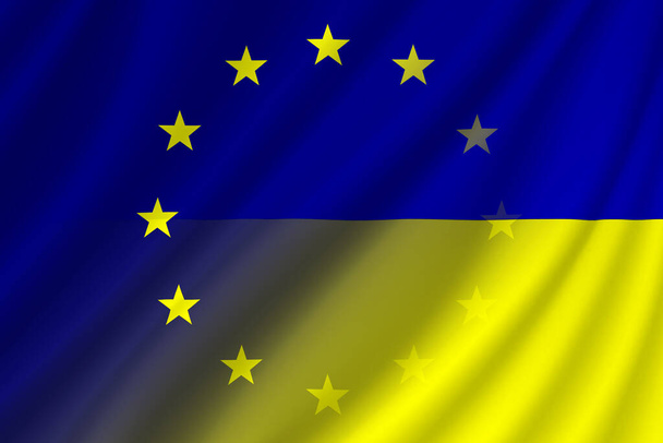 Evropská unie (EU) a Ukrajina. vlajky Evropské unie a Ukrajiny. Pojem pomoc, přidružení zemí, politické a hospodářské vztahy. Vlajka s vlnami. Ilustrace. - Fotografie, Obrázek