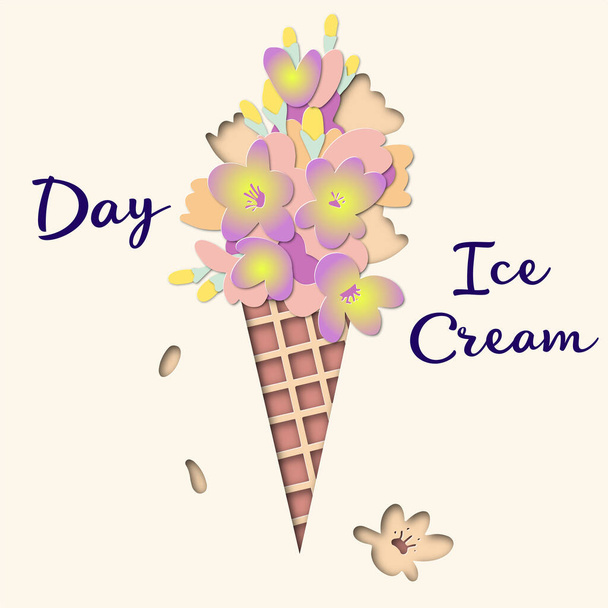 papier sneed een ruiker van bloemen in een ijsje kegel World Ice Cream Day - Vector, afbeelding
