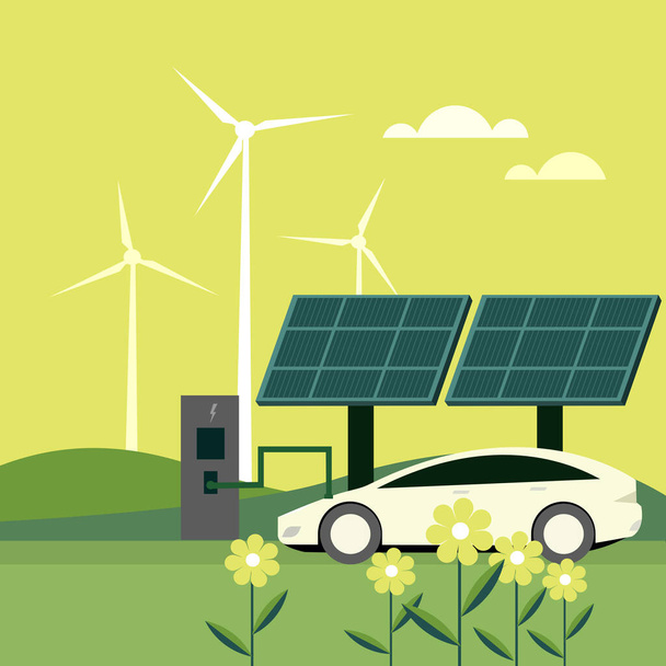 Ilustrace elektrického vozidla nabíjeného pomocí obnovitelné energie - Vektor, obrázek