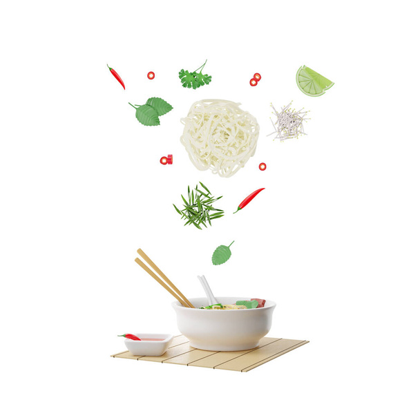 Vietnamese Pho Bo soup in a bowl with falling ingredients on a white background, 3d illustration - Foto, Imagen