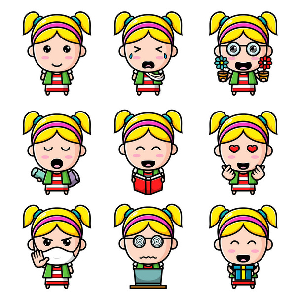 The daily activity of the cute girl of the mascot bundle set of illustration - Vector, afbeelding