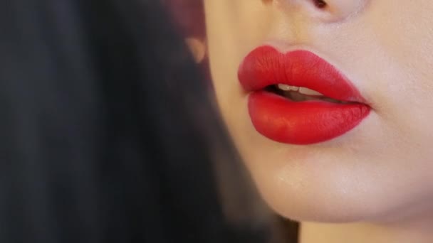 Φωτεινό μακιγιάζ χειλιών, μεγάλα όμορφα χείλη είναι βαμμένα με κόκκινο κραγιόν με ένα ειδικό πινέλο σε ένα σαλόνι ομορφιάς. Επαγγελματική προβολή του μακιγιάζ από κοντά - Πλάνα, βίντεο