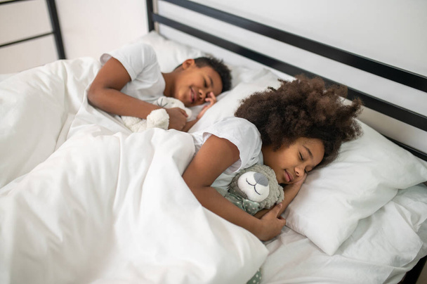 Ragazzo e ragazza abbracciare giocattoli sdraiati a letto - Foto, immagini