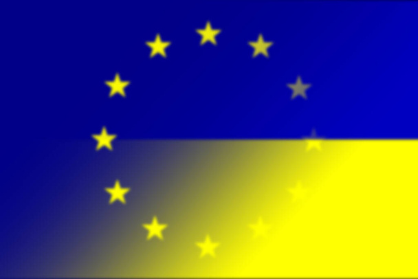 Az Európai Unió (EU) és Ukrajna. Az Európai Unió lobogója és Ukrajna lobogója. A támogatás fogalma, országok társulása, politikai és gazdasági kapcsolatok. Vízszintes kialakítás. Absztrakt dizájn. Illusztráció. - Fotó, kép