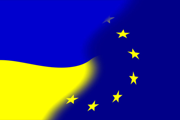 Ευρωπαϊκή Ένωση (ΕΕ) και Ουκρανία. Σημαία της Ευρωπαϊκής Ένωσης και σημαία Ουκρανίας. Έννοια της βοήθειας, σύνδεση των χωρών, πολιτικές και οικονομικές σχέσεις. Οριζόντια σχεδίαση. Αφηρημένο σχέδιο. Εικονογράφηση. - Φωτογραφία, εικόνα