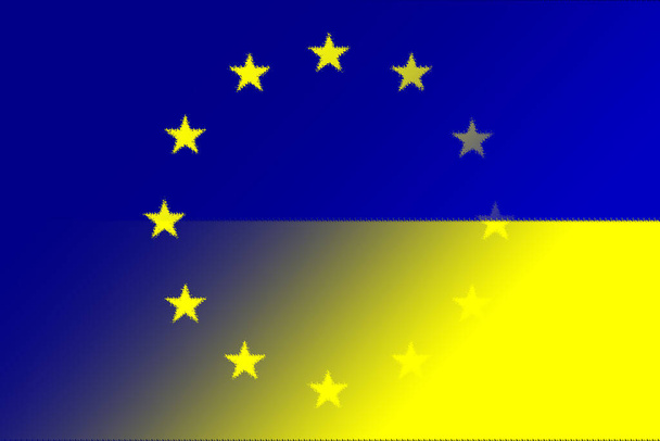 欧州連合（EU）とウクライナ。欧州連合の旗とウクライナの旗。援助の概念、国の協会、政治的、経済的関係。水平デザイン。抽象的なデザイン。イラスト. - 写真・画像