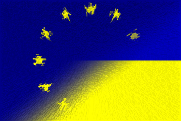 Unione europea (UE) e Ucraina. Bandiera dell'Unione europea e bandiera ucraina. Concetto di aiuto, associazione dei paesi, relazioni politiche ed economiche. Progettazione orizzontale. Design astratto. Illustrazione. - Foto, immagini