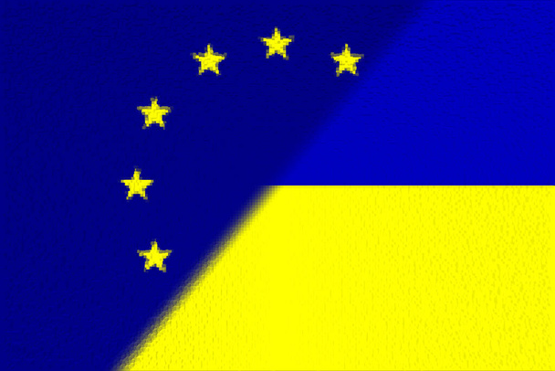 Az Európai Unió (EU) és Ukrajna. Az Európai Unió lobogója és Ukrajna lobogója. A támogatás fogalma, országok társulása, politikai és gazdasági kapcsolatok. Vízszintes kialakítás. Absztrakt dizájn. Illusztráció. - Fotó, kép