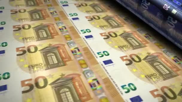 Euro money banknotes printing roll machine. Paper EUR bank note print 3d looping seamless. Abstract concept of banking, debt, income, finance, EU economy and crisis in Europe. - Footage, Video