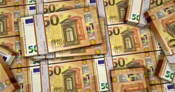 Euro bankovky 3D animace. Pohled z kamery z bezprostřední blízkosti. Balíčky 50 eur. Koncepce padesáti, inflace, ekonomiky, krize, podnikání, úspěchu, bankovnictví, dluhu a financí v Evropské unii. - Záběry, video
