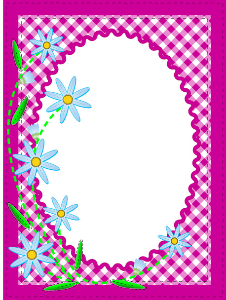 Vector eps10 white oval copy space trimmed in ric rac on top of a pink gingham background trimmed with blue cornflowers containing quilting stitches. - Vector, Image