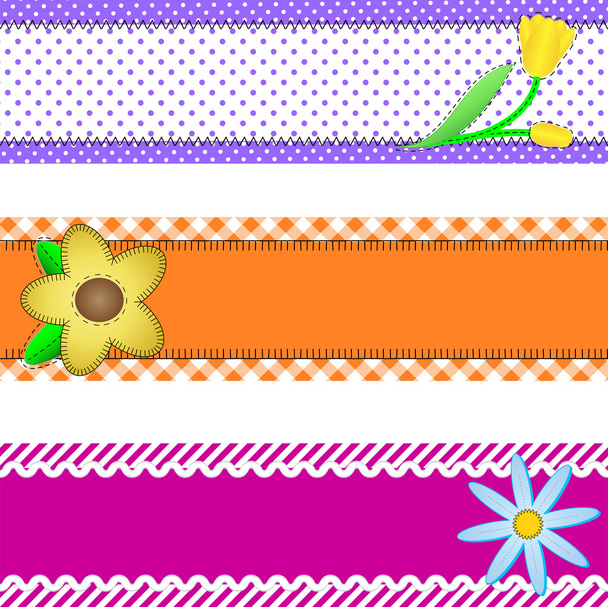 Vector eps10.  Three banners or borders of stripes, polka dots, or gingham with flowers, accent quilt stitches and plenty of copy space. - Vector, Image