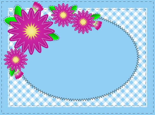 Vector eps10, Oval blue copy space with pink zinnia or mums, edged with Gingham and accent quilt stitching. - Vector, Image