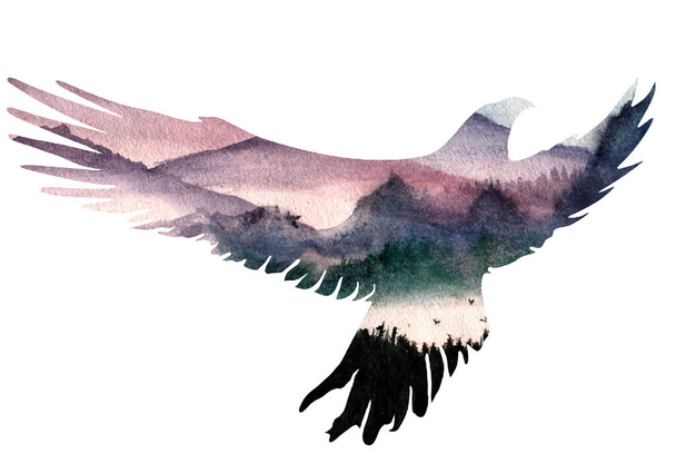 Eagle bird silhouette on forest background. Insulated profile. Watercolor illustration. Design. Portrait of an animal. Wildlife. Double multiple exposure in painting - Фото, изображение