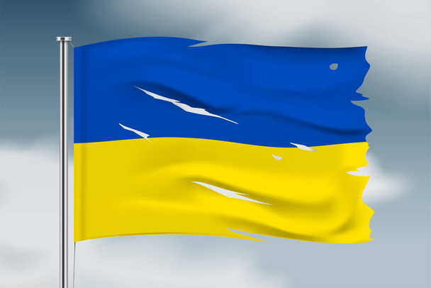 Gökyüzü arka planında dalgalanan yıpranmış Ukrayna bayrağı. - Vektör, Görsel