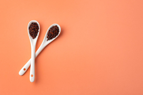 Organic brown grains of mustard in two ceramic spoons - Foto, Imagem