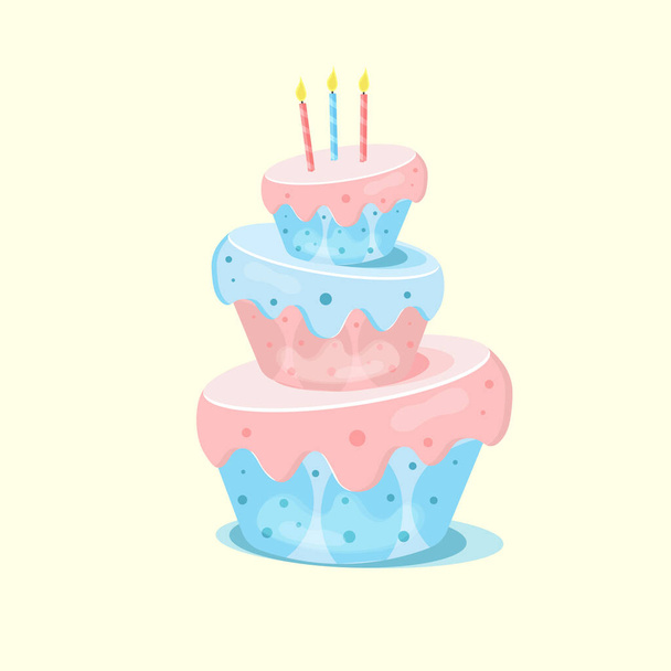 Festive cartoon blue and pink cake with a candle - Вектор, зображення