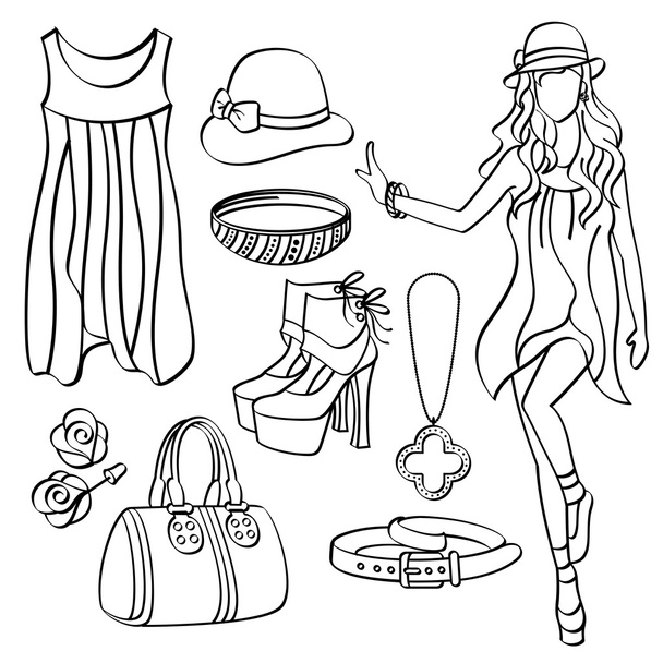 Señora de la moda con ropa y accesorios
 - Vector, Imagen