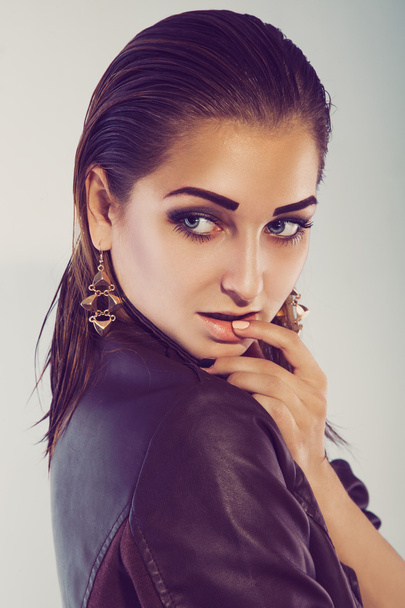 Close up portrait of fashion caucasian model in leather jacet - Photo, Image
