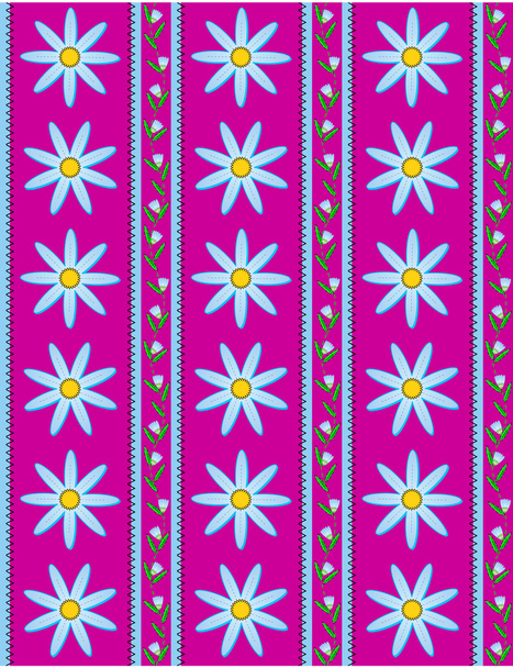 Vector eps10. Fondo de pantalla rosa con flores de maíz azul acentuado por rayas azules y puntadas de acolchado
. - Vector, Imagen