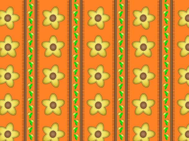 Vector eps10.  Orange wallpaper background with yellow daisies accented by brown stripes and quilting stitches. - Vector, Image