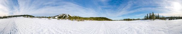 360 degree panoramic view of winter landscape in snow covered Bymarka nature reserve in Trondheim, Norway - 写真・画像