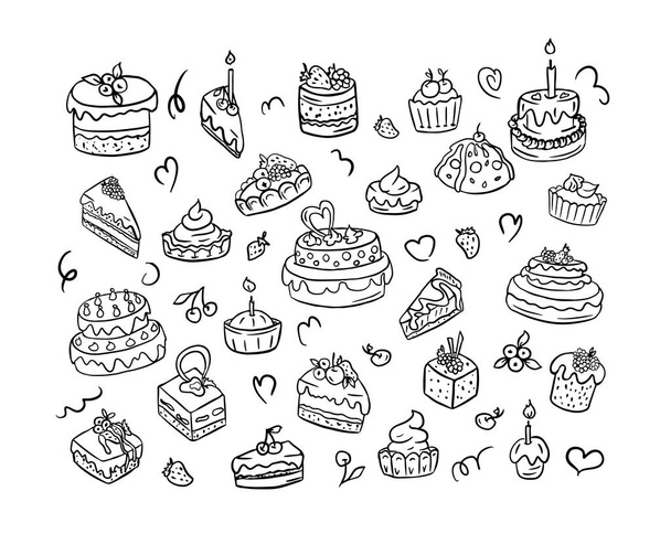 A large set of desserts, cakes, pies and pastries drawn in doodle.Vector illustration.Desserts for coffeeshope and cafe hand drawn. - Vetor, Imagem