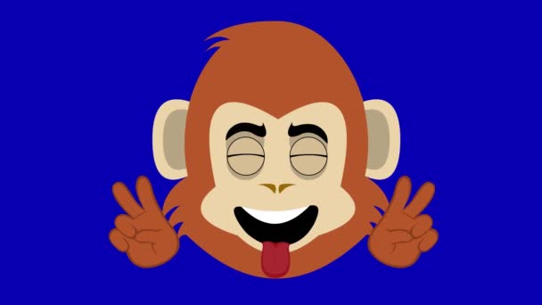 pętla animacja twarz małpy kochającej się i pokoju lub v gest zwycięstwa z jego język na zewnątrz, na tle niebieski chroma klucz - Materiał filmowy, wideo