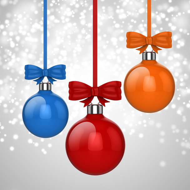 3d Christmas ball ornaments with red ribbon and bows, background - Фото, зображення