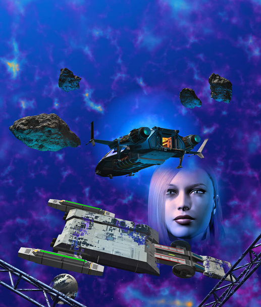 mulher futurista no espaço com nave espacial e destroços, scifi ilustração, 3d renderização - Foto, Imagem
