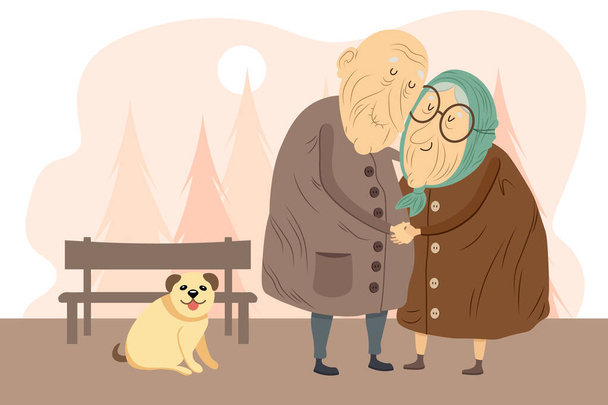 Illustration, mignon couple de personnes âgées amoureux, grands-parents à un rendez-vous dans le parc et un chien drôle. Couleurs pastel. Affiche, vecteur - Vecteur, image