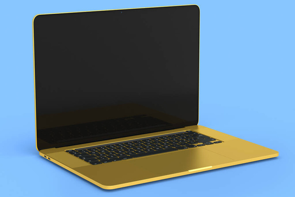 Realistic gold aluminum laptop with empty white screen display isolated on blue background. 3D rendering of closed portable computer for home studio workspace - Zdjęcie, obraz