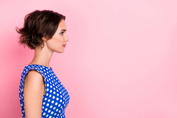 Profile photo of optimistic millennial bob hairdo lady look promo wear dotted blouse isolated on pink color background - Fotografie, Obrázek